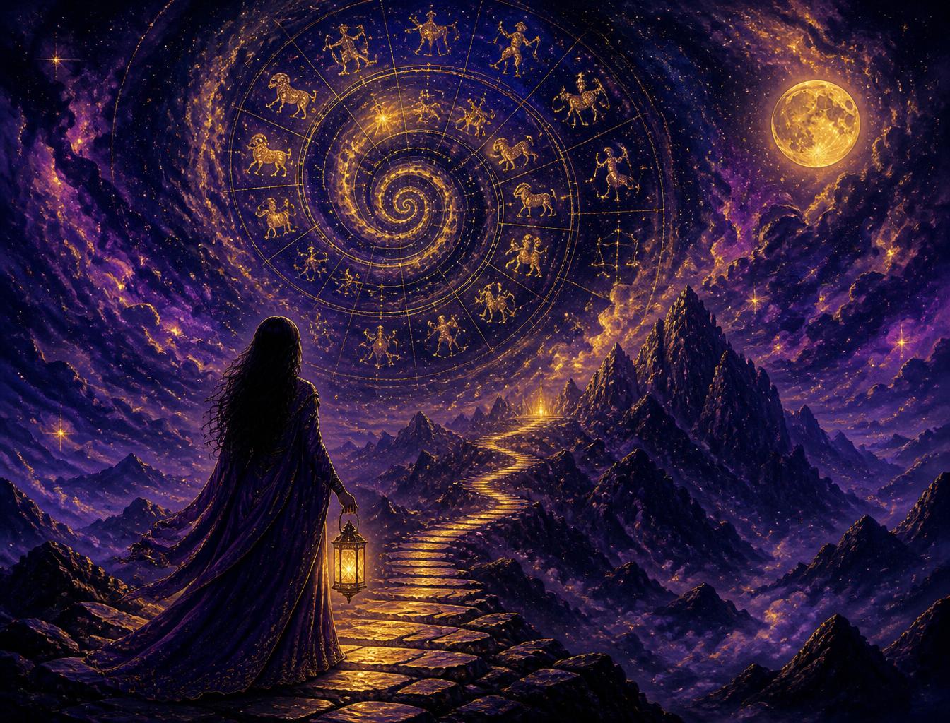 A woman on a luminous path beneath the living sky and the 13 constellations