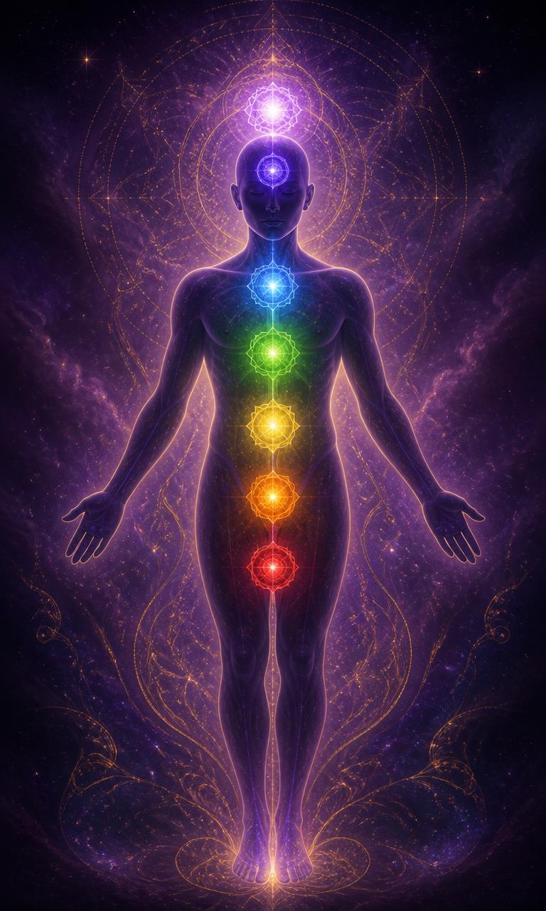 Anatomical figure in meditation showing the seven chakras aligned along the spine