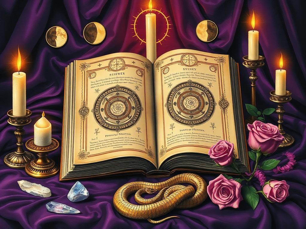 Ancient goddess grimoire on mystical altar